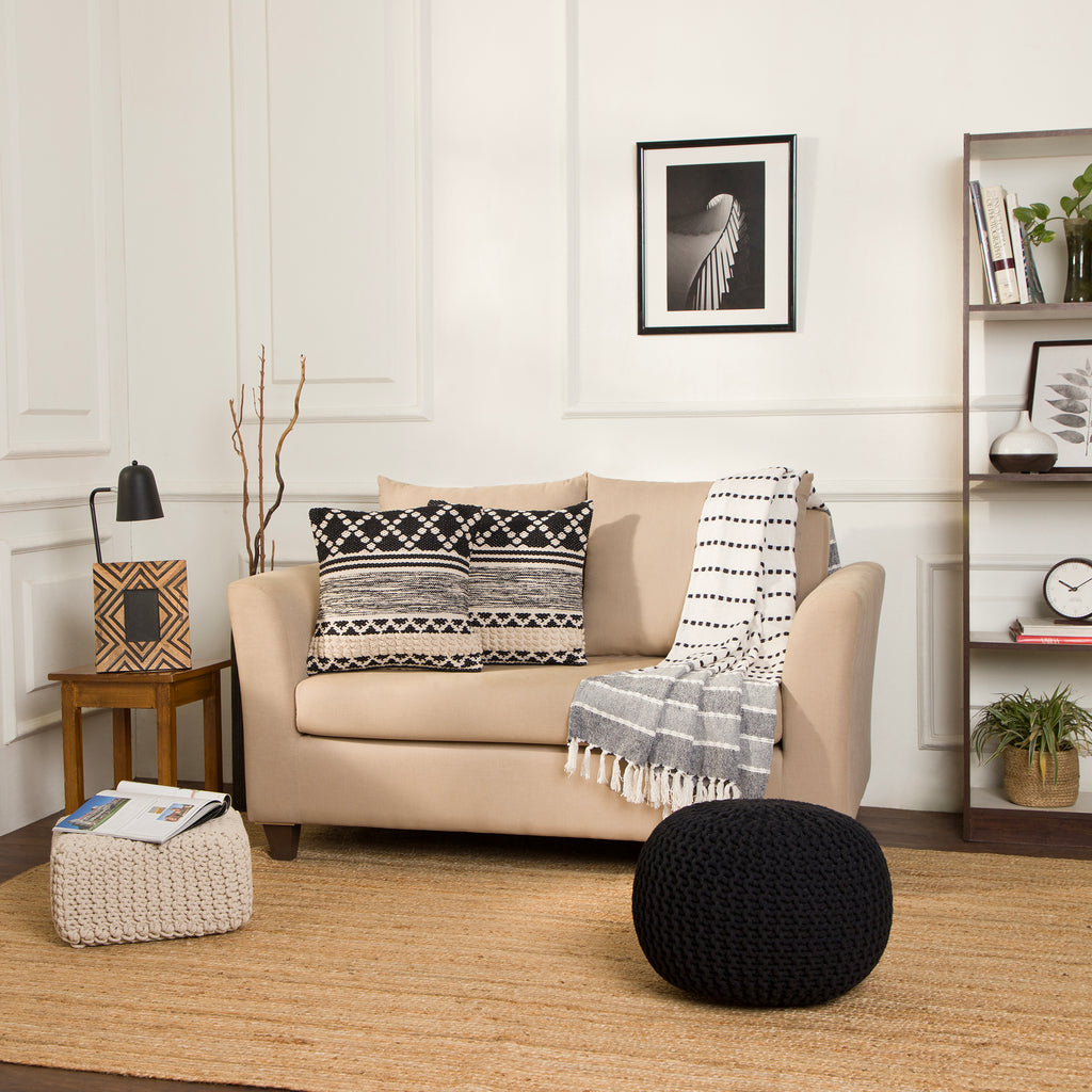 · REDEARTH · Round Pouf Foot Stool Ottoman -Hand Knitted Bean Bag, Cord Boho Pouffe, Cable Poof Accent Beanbag Chair Footrest for Living Room, Bedroom, Nursery, Patio, 100% Cotton (19.5”x19.5”x14”; Black)