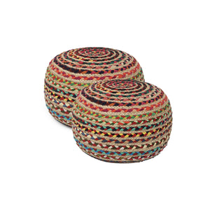 · REDEARTH · Round Pouf Ottoman - Braided Boho Poof Home Décor Pouffe Accent Sitting Circular Foot Rest for Living Room, Bedroom, Nursery, Lounge; Jute and Cotton Set of 2 (19.5"x19.5"x14"; Multi)