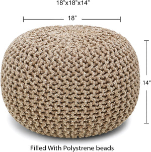 · REDEARTH · Round Pouf Ottoman -Hand Knitted Cable Boho Poof Home Decor Pouffe Accent Chair Circular Seat Footrest for Living Room, Bedroom, Nursery, Kidsroom, Lounge; 100% Cotton (18x18x14; Beige Ivory)