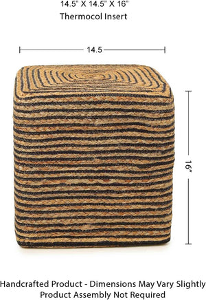 · REDEARTH · Cube Pouf Foot Stool Ottoman - Jute Braided Pouffe Poof Accent Sitting Footrest for The Living Room, Bedroom, Nursery, Lounge 50% Jute 50% Cotton Set Of 2 (14.5”x14.5”x16”; Natural Black)