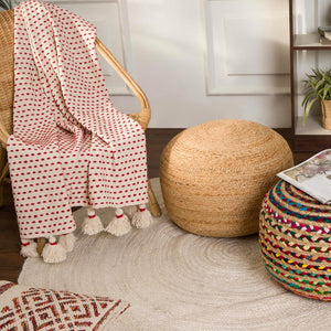 · REDEARTH · Jute Circular Pouf Ottoman - Braided Pouffe Accent Sitting Round Footrest for Living Room, Bedroom, Nursery, kidsroom, Patio, Gym; 100% Jute Set Of 2 (19.5"x19.5"x14"; Natural)