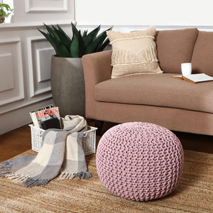 · REDEARTH · Round Pouf Ottoman - Hand Knitted Boho Poof Home Décor Pouffe Circular Footrest for Living Room - Bedroom - Lounge - 100% Cotton (19.5"x19.5"x14") - Pale Pink, Set of 2