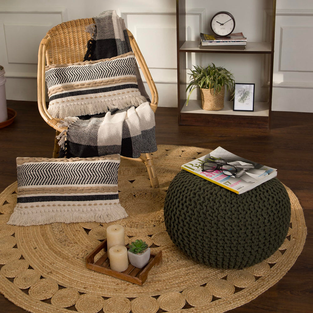 · REDEARTH · Round Hand Knitted Pouf - Foot Stool Bean Bag Ottoman - Cord Boho Pouffe - Poof Accent Beanbag Footrest for Living Room - Bedroom - Patio - Lounge (19.5"x19.5"x14") - Olive