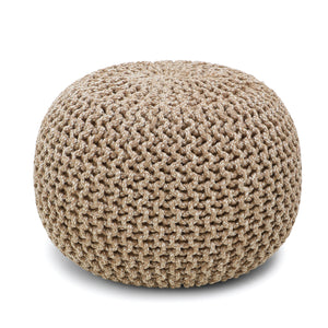 · REDEARTH · Round Pouf Ottoman -Hand Knitted Cable Boho Poof Home Decor Pouffe Accent Chair Circular Seat Footrest for Living Room, Bedroom, Nursery, Kidsroom, Lounge; 100% Cotton (18x18x14; Beige Ivory)