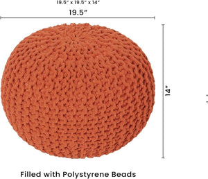 · REDEARTH · Round Pouf Ottoman -Hand Knitted Cable Boho Poof -Pouffe Accent Chair Circular Seat Footrest for Living Room, Bedroom, Nursery, kidsroom, Patio, Gym; 100% Cotton (19.5x19.5x14; Burnt Orange)