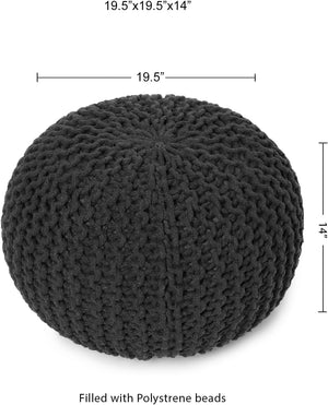 · REDEARTH · Round Pouf Foot Stool Ottoman - Cotton Hand Knitted Dori Pouffe, Cord Boho Home Décor, Stuffed Cable Poof Accent Chair for Living Room, Bedroom, Nursery, Kidsroom (19.5”x19.5”x14”; Dark Gray)