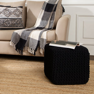 · REDEARTH · Cube Pouf Foot Stool Ottoman - Hand Knitted Poof - Cord Boho Pouffe - Home Décor - Stuffed Footrest for Living Room - Bedroom - Covered Patio (16" x 16" x 16") - Black, Set of 2