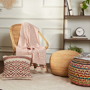 · REDEARTH · Classic Throw Blanket -with Oversized Decorative Tassels Medium Weight Soft Lap Blanket for Sofa Bed Couch Chairs loveseats car, Living, Indoor/Outdoor use 100% Cotton (50x60; Burnt Red)