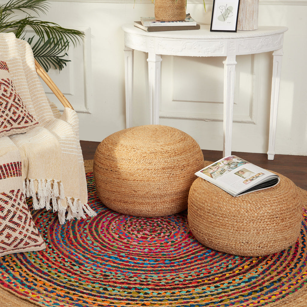 · REDEARTH · Jute Circular Low Pouf Ottoman - Braided Pouffe Accent Sitting Round Footrest for Living Room, Bedroom, Nursery, kidsroom, Patio, Gym; 100% Jute (18"x18"x10"; Natural)