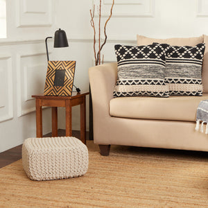 · REDEARTH · Cube Low Pouf Foot Stool Ottoman - Hand Knitted Poof - Cord Boho Pouffe - Home Décor - Stuffed Footrest for Living Room - Nursery - Bedroom - Covered Patio (16" x 16" x 8") - Ivory