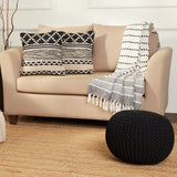 · REDEARTH · Round Pouf Foot Stool Ottoman -Hand Knitted Bean Bag, Cord Boho Pouffe, Cable Poof Accent Beanbag Chair Footrest for Living Room, Bedroom, Nursery, Patio, 100% Cotton (19.5”x19.5”x14”; Black)