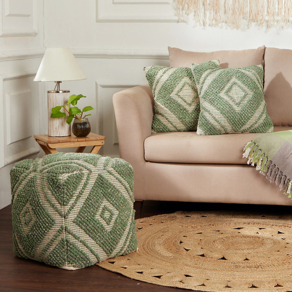 · REDEARTH · Tufted Pouf Ottoman with Filler Textured Storage Cube Bean Bag Pouffe Footrest for Living Room, Bedroom, Nursery, Kidsroom; 100% Cotton (17.5"X17.5"X17.5", Solitaire Lozenge Kiwi)