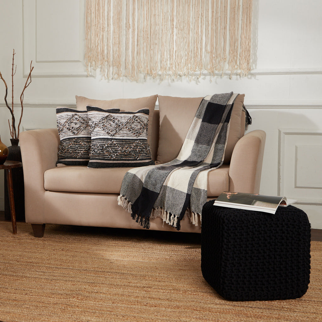 · REDEARTH · Cube Pouf Foot Stool Ottoman - Hand Knitted Poof - Cord Boho Pouffe - Home Décor - Stuffed Footrest for Living Room - Bedroom - Covered Patio (16" x 16" x 16") - Black