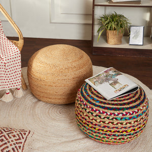 · REDEARTH · Round Pouf Ottoman - Braided Boho Poof Home Décor Pouffe Accent Sitting Circular Foot Rest for Living Room, Bedroom, Nursery, Kidsroom, Lounge; Jute and Cotton (19.5x19.5x14; Multi)