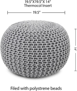· REDEARTH · Round Boho Pouf Ottoman - Cable Knitted Cord Boho Pouffe - Stuffed Poof Accent Beanbag Footrest for Living Room - Nursery - Bedroom - Covered Patio - Study Nook (19.5"x19.5"x14") - Gray