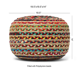 · REDEARTH · Round Pouf Ottoman - Braided Boho Poof Home Décor Pouffe Accent Sitting Circular Foot Rest for Living Room, Bedroom, Nursery, Lounge; Jute and Cotton Set of 2 (19.5"x19.5"x14"; Multi)