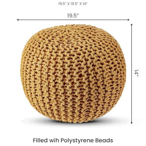 · REDEARTH · Round Pouf Ottoman - Hand Knitted Cable Boho Poof Home Décor Pouffe Circular Footrest for Living Room - Bedroom - Lounge - Nursery - 100% Cotton Poufs (19.5"x19.5"x14") - Mustard