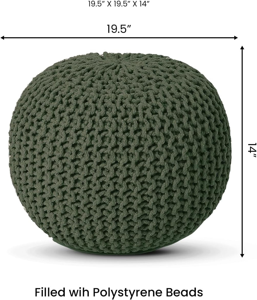 · REDEARTH · Round Hand Knitted Pouf - Foot Stool Bean Bag Ottoman - Cord Boho Pouffe - Poof Accent Beanbag Footrest for Living Room - Bedroom - Patio - Lounge (19.5"x19.5"x14") - Olive