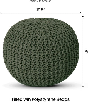 · REDEARTH · Round Hand Knitted Pouf - Foot Stool Bean Bag Ottoman - Cord Boho Pouffe - Poof Accent Beanbag Footrest for Living Room - Bedroom - Patio - Lounge (19.5"x19.5"x14") - Olive
