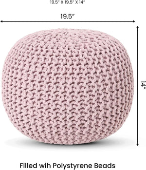 · REDEARTH · Round Pouf Ottoman - Hand Knitted Boho Poof Home Décor Pouffe Circular Footrest for Living Room - Bedroom - Lounge - 100% Cotton (19.5"x19.5"x14") - Pale Pink