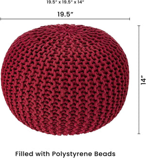 · REDEARTH · Round Pouf Ottoman - Hand Knitted Cable Boho Poof - Foot Stool Bean Bag - Home Décor Stuffed Footrest for Living Room - Nursery - Bedroom - 100% Cotton Poufs (19.5"x19.5"x14") - Red