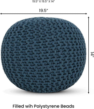· REDEARTH · Round Pouf Bean Bag Ottoman - Foot Stool Hand Knitted - Home Decor Pouffe Stuffed - Cable Boho Poof Beanbag Footrest for Living Room - Nursery - Bedroom - Patio (19.5"x19.5"x14") - Teal
