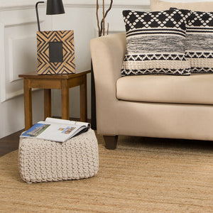 · REDEARTH · Cube Low Pouf Foot Stool Ottoman - Hand Knitted Poof - Cord Boho Pouffe - Home Décor - Stuffed Footrest for Living Room - Nursery - Bedroom - Patio (16" x 16" x 8") - Ivory, Set of 2
