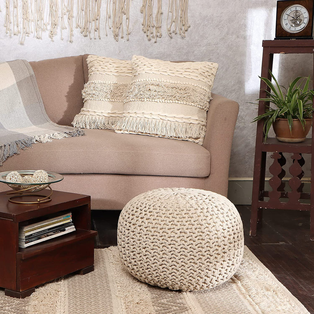 · REDEARTH · Tufted Throw Pillow Cushion Covers - Boho Textured Woven Decorative Cases Set for Couch - Sofa - Bed - Farmhouse - Chair - Patio - Outdoor - car - 100% Cotton (18x18 ; Natural) Pack of 2