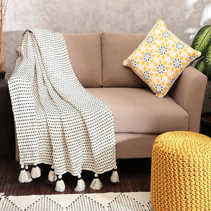 · REDEARTH · Classic Throw Blanket -with Oversized Decorative Tassels Medium Weight Soft Lap Blanket for Sofa Bed Couch Chairs loveseats car, Living, Indoor/Outdoor use 100% Cotton (50x60; Black)