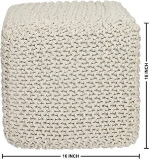 · REDEARTH · Square Pouf Ottoman Foot Stool - Hand Knitted Bean Bag - Cord Boho Pouffe - Accent Poof for Living Room - Nursery - Bedroom - Kids Bedroom - Patio - 100% Cotton (16" x 16" x 16") - Ivory