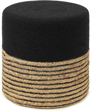 · REDEARTH · Cylindrical Pouf Ottoman - Braided Pouffe Accent Sitting Round Footrest for Living Room, Bedroom, Nursery, kidsroom, Patio, Gym; 70% Cotton 30% Jute, (14.5x14.5x16; Black Natural)