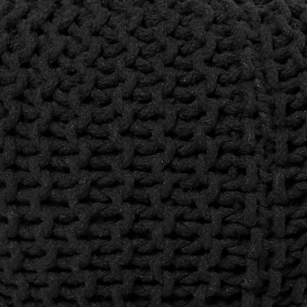 · REDEARTH · Round Pouf Foot Stool Ottoman -Hand Knitted Bean Bag, Cord Boho Pouffe, Cable Poof Accent Beanbag Chair Footrest for Living Room, Bedroom, Nursery, Patio, 100% Cotton (19.5”x19.5”x14”; Black)