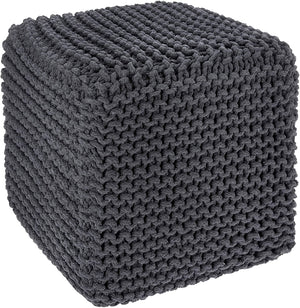 · REDEARTH · Cube Pouf Foot Stool Ottoman - Hand Knitted Coffee Table - Cotton Cord Boho Pouffe - Home Décor Poof - Stuffed Footrest for Living Room - Bedroom - Patio (16" x 16" x 16") - Dark Gray