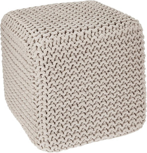 · REDEARTH · Square Pouf Ottoman Foot Stool - Hand Knitted Bean Bag - Cord Boho Pouffe - Accent Poof for Living Room - Nursery - Bedroom - Kids Bedroom - Patio - 100% Cotton (16" x 16" x 16") - Ivory