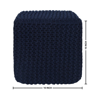 · REDEARTH · Square Hand Knitted Pouf - Foot Stool Ottoman Coffee Table - Cotton Cord Boho Pouffe - Poof Accent Footrest for Living Room - Bedroom - Library (16" x 16" x 16") - Navy Blue