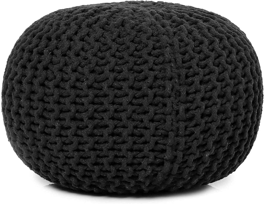 · REDEARTH · Round Pouf Foot Stool Ottoman -Hand Knitted Bean Bag, Cord Boho Pouffe, Cable Poof Accent Beanbag Chair Footrest for Living Room, Bedroom, Nursery, Patio, 100% Cotton (19.5”x19.5”x14”; Black)