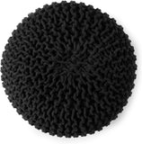 · REDEARTH · Round Pouf Foot Stool Ottoman -Hand Knitted Bean Bag, Cord Boho Pouffe, Cable Poof Accent Beanbag Chair Footrest for Living Room, Bedroom, Nursery, Patio, 100% Cotton (19.5”x19.5”x14”; Black)