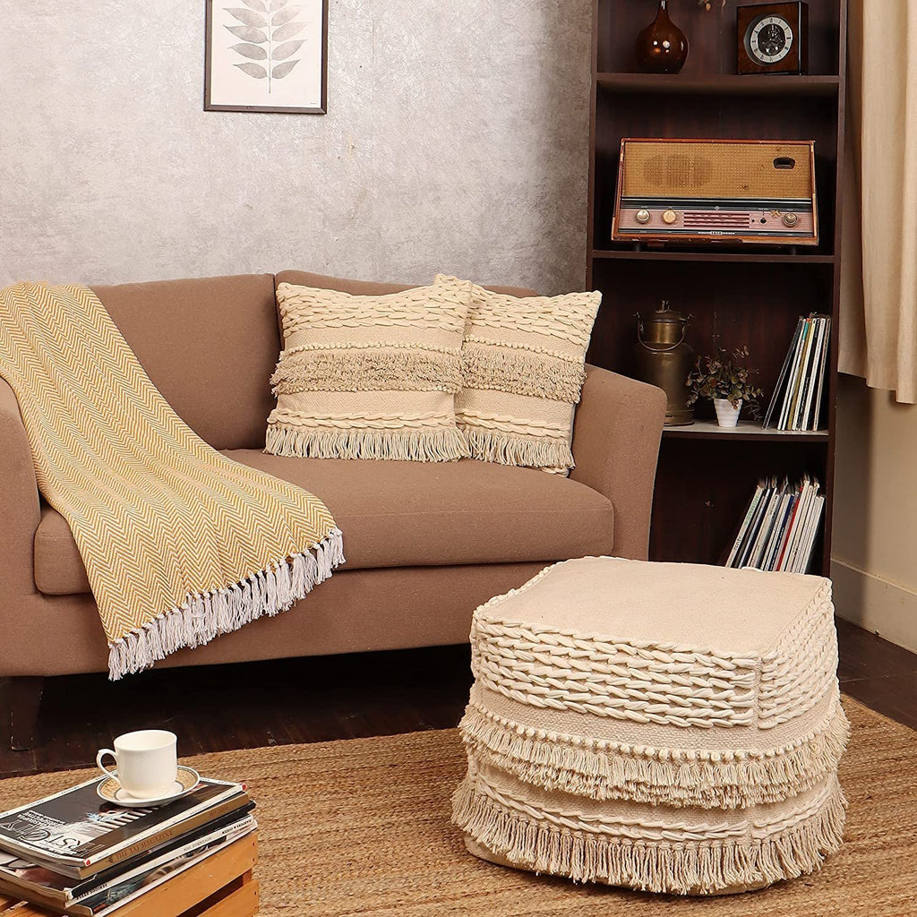 · REDEARTH · Tufted Throw Pillow Cushion Covers - Boho Textured Woven Decorative Cases Set for Couch - Sofa - Bed - Farmhouse - Chair - Patio - Outdoor - car - 100% Cotton (18x18 ; Natural) Pack of 2