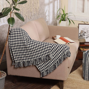 REDEARTH Classic Throw Blanket -Houndstooth medium weight soft lap blanket for sofa bed couch chairs loveseats car, living, indoor/ outdoor use 100% Cotton (50"x60"; Ivory Navy)