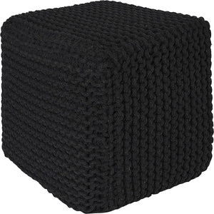 · REDEARTH · Cube Pouf Foot Stool Ottoman - Hand Knitted Poof - Cord Boho Pouffe - Home Décor - Stuffed Footrest for Living Room - Bedroom - Covered Patio (16" x 16" x 16") - Black