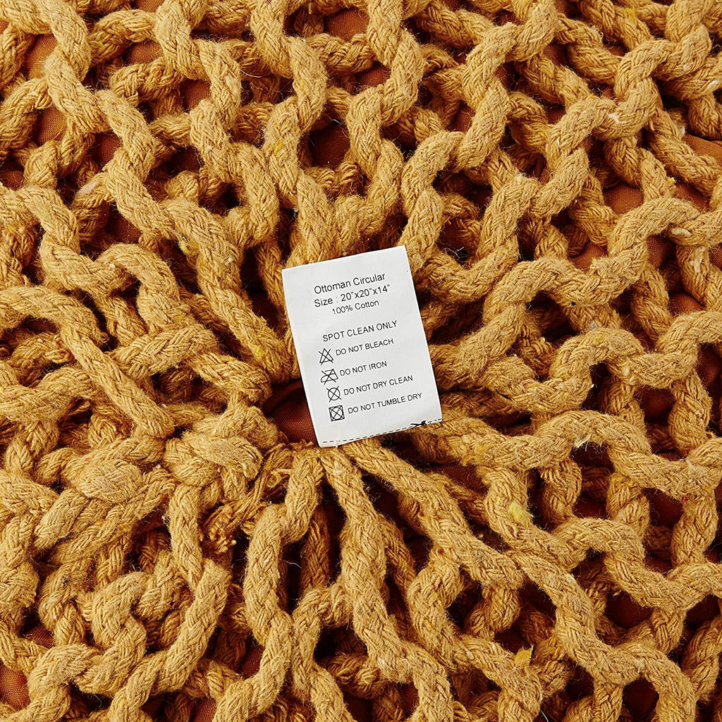 · REDEARTH · Round Pouf Ottoman - Hand Knitted Cable Boho Poof Home Décor Pouffe Circular Footrest for Living Room - Bedroom - Lounge - Nursery - 100% Cotton Poufs (19.5"x19.5"x14") - Mustard