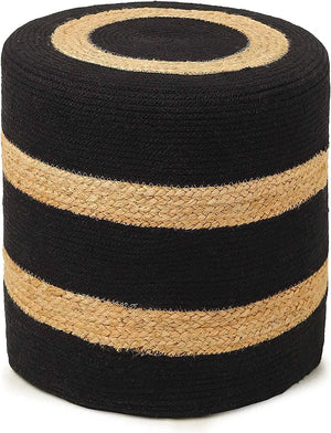 · REDEARTH · Cylindrical Pouf Foot Stool Ottoman - Jute Braided Pouffe Poof Accent Sitting Footrest for The Living Room, Bedroom, Nursery, Patio, Lounge & Other Rooms (14.5”x14.5”x16”; Black Natural)