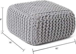 · REDEARTH · Cube Low Pouf Foot Stool Ottoman - Hand Knitted Poof - Cord Boho Pouffe - Home Décor - Stuffed Footrest for Living Room - Nursery - Bedroom - Patio (16" x 16" x 8") - Light Gray