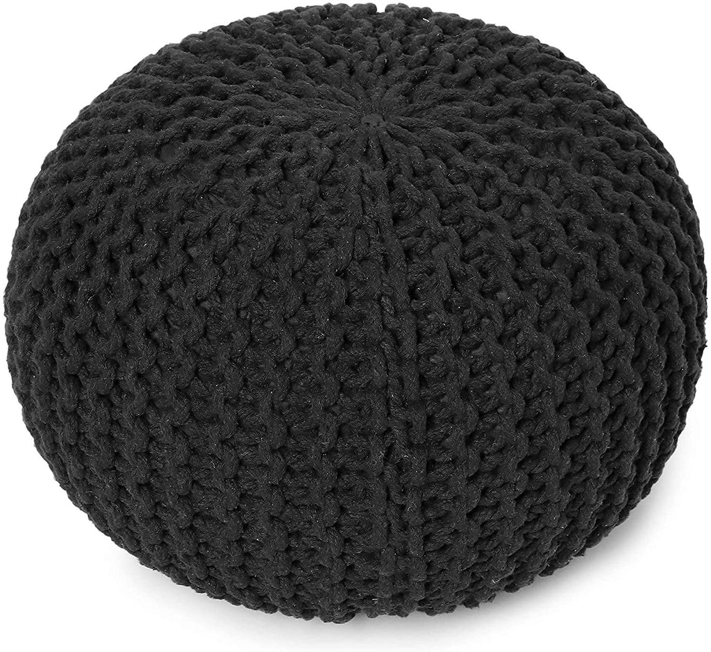 · REDEARTH · Round Pouf Foot Stool Ottoman -Hand Knitted Bean Bag, Cord Boho Pouffe, Cable Poof Accent Beanbag Chair Footrest for Living Room, Bedroom, Nursery, Patio, 100% Cotton (19.5”x19.5”x14”; Black)