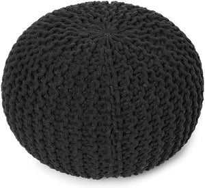 · REDEARTH · Round Pouf Foot Stool Ottoman -Hand Knitted Bean Bag, Cord Boho Pouffe, Cable Poof Accent Beanbag Chair Footrest for Living Room, Bedroom, Nursery, Patio, 100% Cotton (19.5”x19.5”x14”; Black)