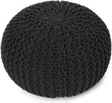 · REDEARTH · Round Pouf Foot Stool Ottoman -Hand Knitted Bean Bag, Cord Boho Pouffe, Cable Poof Accent Beanbag Chair Footrest for Living Room, Bedroom, Nursery, Patio, 100% Cotton (19.5”x19.5”x14”; Black)