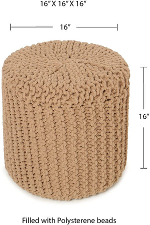 · REDEARTH · Pouf Ottoman - Cylindrical Knitted Poof - Cord Boho Pouffe - Cotton Round Foot Stool Puff for Home Decor - Living Room - Nursery - Bedroom - Patio - Lounge (16" x 16" x 16") - Beige