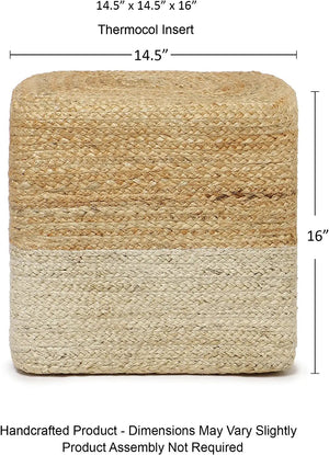 · REDEARTH · Cube Pouf Ottoman -Braided Pouffe Accent Chair Square Seat Footrest for Living Room, Bedroom, Nursery, kidsroom, Patio, Gym; 100% Jute (14.5"x14.5"x16"; Natural Ivory)