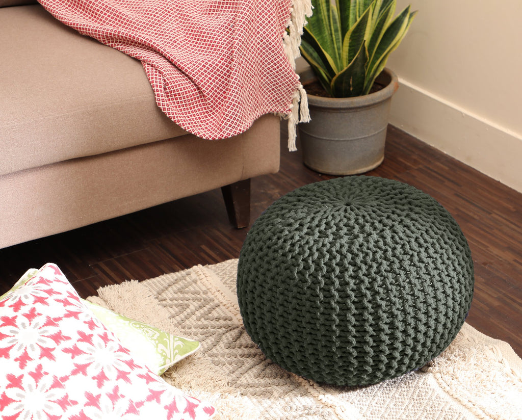 · REDEARTH · Round Hand Knitted Pouf - Foot Stool Bean Bag Ottoman - Cord Boho Pouffe - Poof Accent Beanbag Footrest for Living Room - Bedroom - Patio - Lounge (19.5"x19.5"x14") - Olive