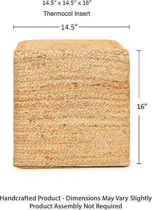 · REDEARTH · Cube Pouf Foot Stool Ottoman - Jute Braided Pouffe Poof Accent Sitting Footrest for The Living Room, Bedroom, Nursery, Patio, Lounge & Other Rooms in The Home (14.5”x14.5”x16”; Natural)